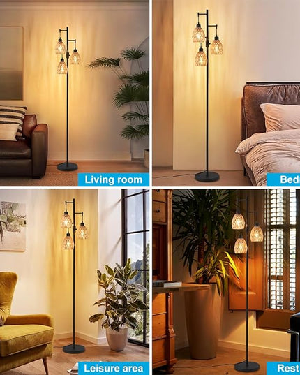 Boho Rattan Floor Lamp - Standing Lamps for Living Room 70'' Dimmable Floor Lamp with Cage Shade, Industrial Farmhouse Floor Lamps Rustic Floor Lamps Vintage Lamp for Living Room Bedroom Office - LeafyLoom