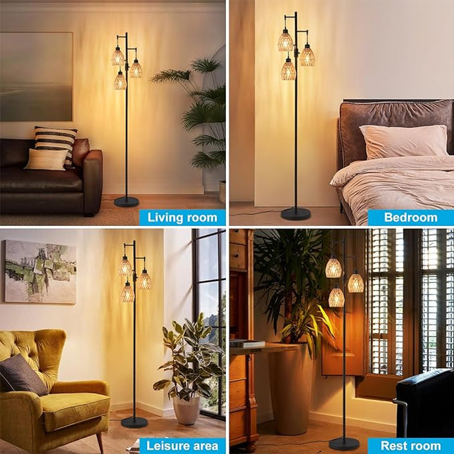 Boho Rattan Floor Lamp - Standing Lamps for Living Room 70'' Dimmable Floor Lamp with Cage Shade, Industrial Farmhouse Floor Lamps Rustic Floor Lamps Vintage Lamp for Living Room Bedroom Office - LeafyLoom