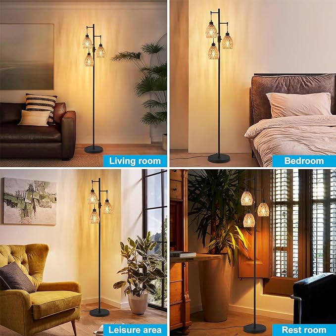 Boho Rattan Floor Lamp - Standing Lamps for Living Room 70'' Dimmable Floor Lamp with Cage Shade, Industrial Farmhouse Floor Lamps Rustic Floor Lamps Vintage Lamp for Living Room Bedroom Office - LeafyLoom