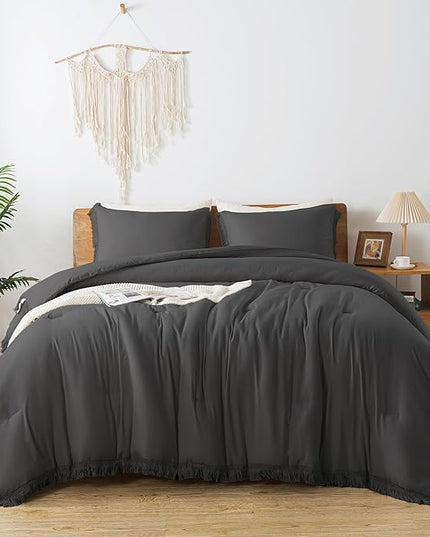 Andency Comforter King Size Bed Set Dark Grey, 3 Pieces Boho Lightweight Winter Bedding Comforters & Sets, All Season Soft Tassel Bed Set (104x90In Comforter & 2 Pillowcases) - LeafyLoom