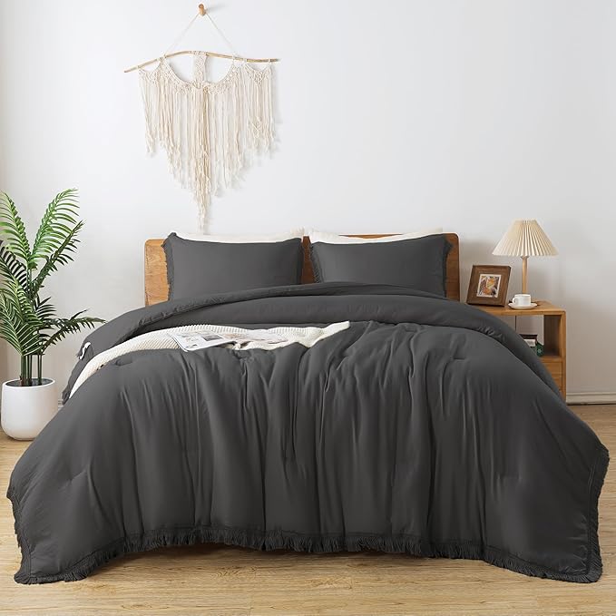 Andency Comforter King Size Bed Set Dark Grey, 3 Pieces Boho Lightweight Winter Bedding Comforters & Sets, All Season Soft Tassel Bed Set (104x90In Comforter & 2 Pillowcases) - LeafyLoom