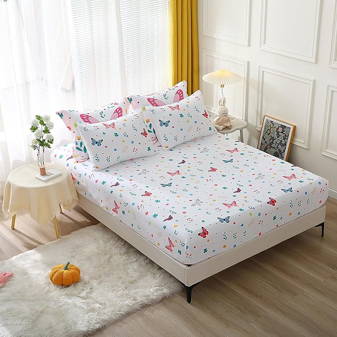 Girls Butterfly Comforter Set Full Size 7 Piece Bed in A Bag Colorful Flowers Leaves Bedding Set for Kids Teens Super Soft All Season - LeafyLoom