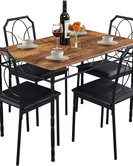 VECELO 5 Pieces Sets,43.3" Table&Chairs for 4,Industrial Counter Height Tabletop with Bar Stools, Rectangle Breakfast Chairs, Living Room, Apartment, Dining Table for 4, Brown 1 - LeafyLoom