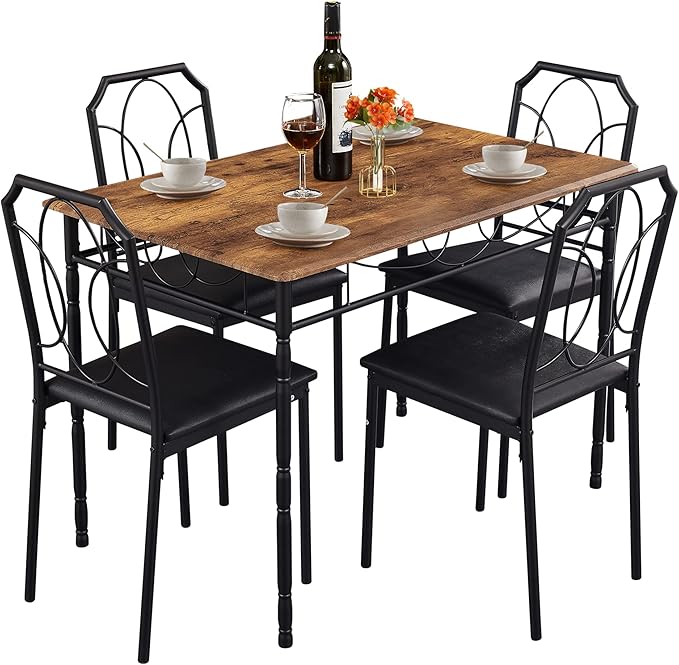 VECELO 5 Pieces Sets,43.3" Table&Chairs for 4,Industrial Counter Height Tabletop with Bar Stools, Rectangle Breakfast Chairs, Living Room, Apartment, Dining Table for 4, Brown 1 - LeafyLoom