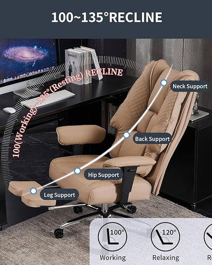 Big and Tall Office Chair 400lbs Wide Seat, Leather High Back Executive Office Chair with Foot Rest, Ergonomic Office Chair Lumbar Support for Lower Back Pain Relief (Brown) - LeafyLoom