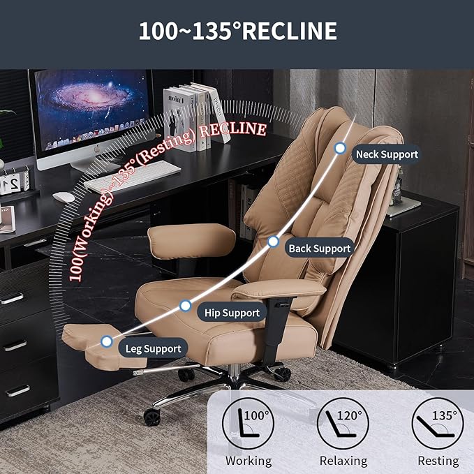 Big and Tall Office Chair 400lbs Wide Seat, Leather High Back Executive Office Chair with Foot Rest, Ergonomic Office Chair Lumbar Support for Lower Back Pain Relief (Brown) - LeafyLoom