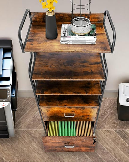 Vertical File Cabinet, 2 Drawer Mobile Filing Cabinet with 3 Bookshelf, Printer Stand with Open Storage Shelves Fits A4/Letter/Legal Size File Cabinets for Home Office Organizer, Brown - LeafyLoom