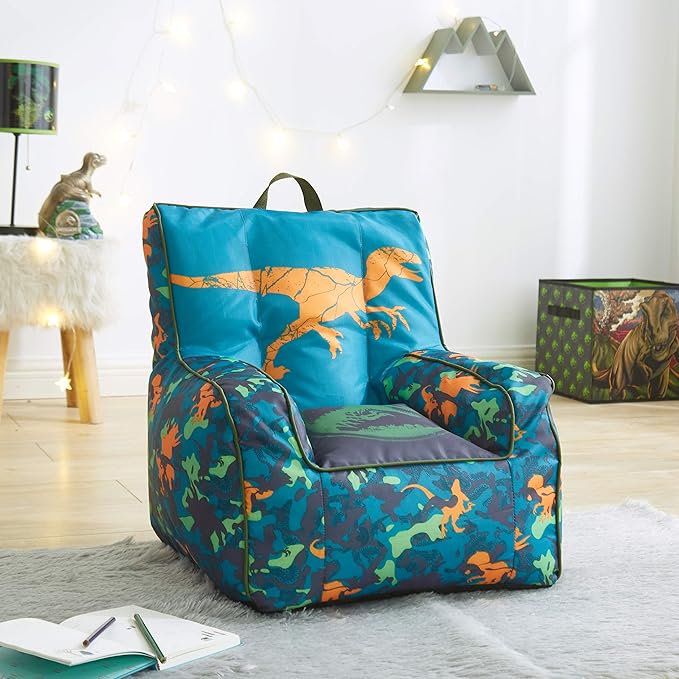 Idea Nuova Jurassic World 2 Kids Nylon Bean Bag Chair with Piping & Top Carry Handle, Blue, 18" H x 18" W - LeafyLoom