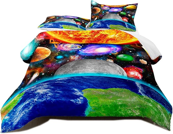 Space Bedding Solar System Twin Comforter set for Boy Galaxy Outer Space Room Decor for Boys Bedroom Bedding Set Twin Size Galaxy Earth Planets Quilt Set with 1 Comforter 1 Pillowcase - LeafyLoom