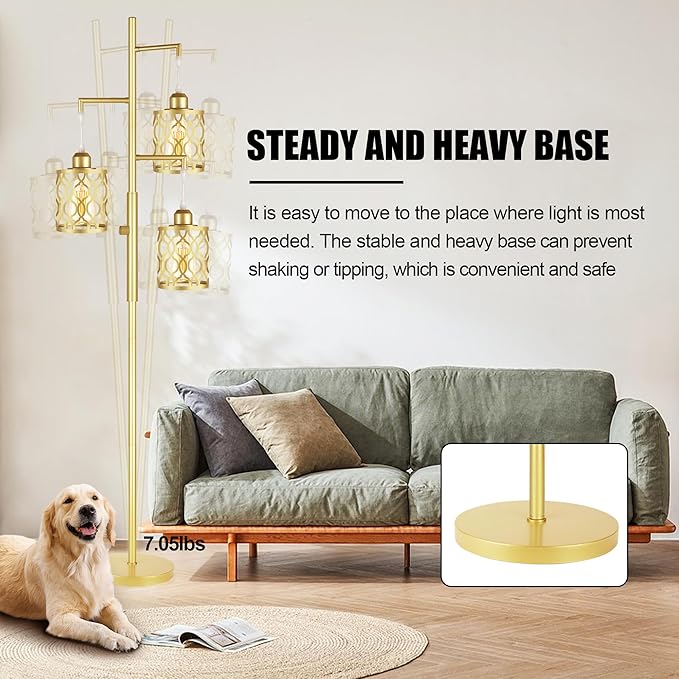 68" Gold Floor Lamp, Dimmable Industrial Floor Lamps for Living Room, 3 Light Rustic Standing Tall Lamp Including 3 PCS 6W E26 Bulbs, Farmhouse Tree Floor Lamp for Bedrooms, Office, Bar - LeafyLoom