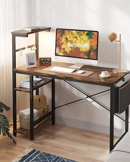 Bestier Computer Desk with LED lights, Gaming Desk with 4 Tier Shelves, 44 Inch Office Desk with Storage Bag & Printer Shelf (Rustic Brown) - LeafyLoom