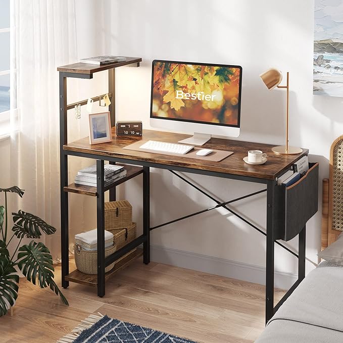 Bestier Computer Desk with LED lights, Gaming Desk with 4 Tier Shelves, 44 Inch Office Desk with Storage Bag & Printer Shelf (Rustic Brown) - LeafyLoom