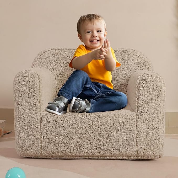 Kids Snuggly-Soft Sherpa Chair, Cuddly Toddler Foam Chair for Boys and Girls, Light Grey - LeafyLoom