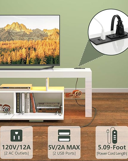 Clikuutory Modern LED White 67 inch TV Stand with Power Outlet and Large Storage for 40 50 55 60 65 70 75 Inch TVs, Wood TV Console with High Glossy Entertainment Center for Living Room, Bedroom - LeafyLoom