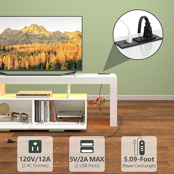 Clikuutory Modern LED White 67 inch TV Stand with Power Outlet and Large Storage for 40 50 55 60 65 70 75 Inch TVs, Wood TV Console with High Glossy Entertainment Center for Living Room, Bedroom - LeafyLoom