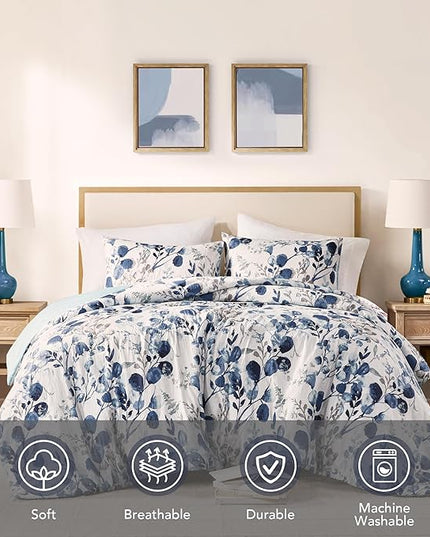 Codi Floral Queen Comforter Set for Womens, Spring Lavender Bedding Sets with Soft Seersucker 3pcs - 1 Flower Comforters and 2 Pillows Case, Blue - LeafyLoom