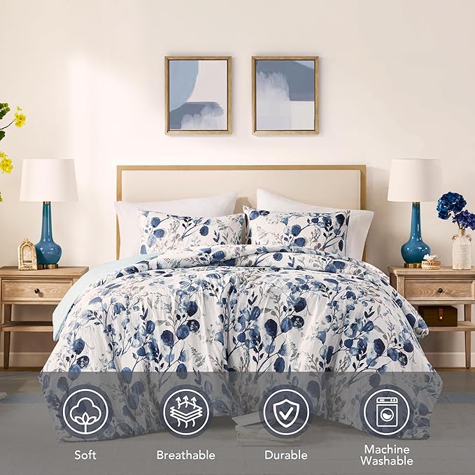 Codi Floral Queen Comforter Set for Womens, Spring Lavender Bedding Sets with Soft Seersucker 3pcs - 1 Flower Comforters and 2 Pillows Case, Blue - LeafyLoom