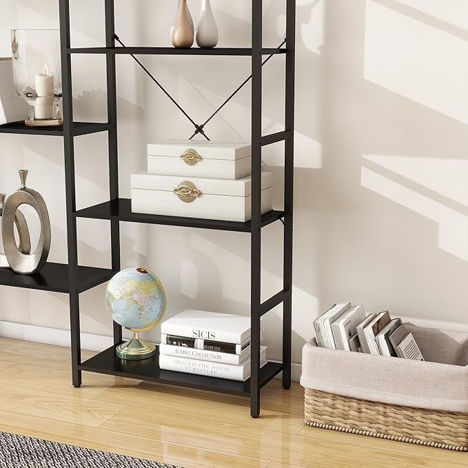 Panana Triple 4 tier bookshelf, Industrial Bookcase with 11 Open Display Shelves Wide Book Shelf Book Case with Metal Frame for Living Room Home Office (Black) - LeafyLoom