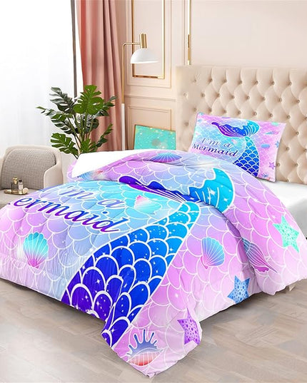 Twin Mermaid Bedding Sets for Girls Pink Mermaid Twin Comforter Set for Girls Soft Breathable Microfiber Mermaid Skin Surface Scales Quilt with Pillowcase Ocean Life Mermaid Bedroom Decor, 2Pcs - LeafyLoom