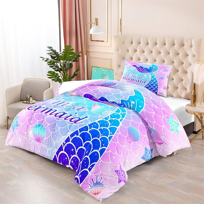 Twin Mermaid Bedding Sets for Girls Pink Mermaid Twin Comforter Set for Girls Soft Breathable Microfiber Mermaid Skin Surface Scales Quilt with Pillowcase Ocean Life Mermaid Bedroom Decor, 2Pcs - LeafyLoom
