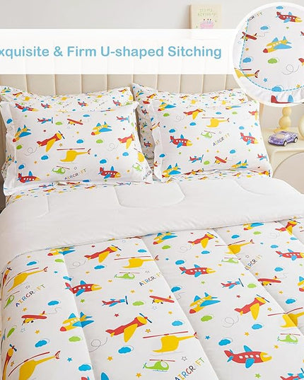 Mooreeke Bed in a Bag for Kids Boys Teens, 5 Pieces Twin Size Aircraft Print Comforter Bed Set with Shams, Sheet Set, Airplane White Super Soft Microfiber Kids Comforter Bedding Set - LeafyLoom