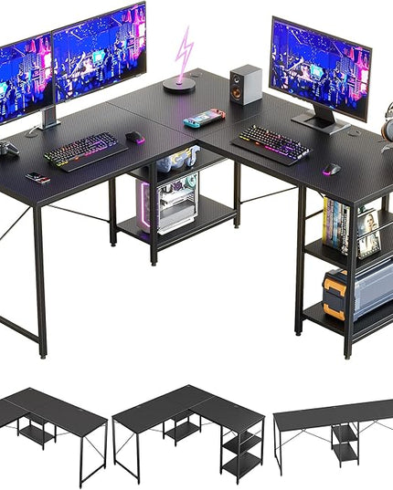 Bestier L Shaped Gaming Desk with Shelves 95.2 Inch Reversible Corner Computer Desk or 2 Person Long Table for Home Office Large Writing Storage Workstation P2 Board with 3 Cable Holes, Carbon Fiber - LeafyLoom