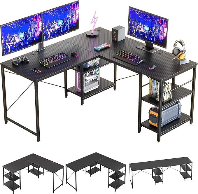 Bestier L Shaped Gaming Desk with Shelves 95.2 Inch Reversible Corner Computer Desk or 2 Person Long Table for Home Office Large Writing Storage Workstation P2 Board with 3 Cable Holes, Carbon Fiber - LeafyLoom