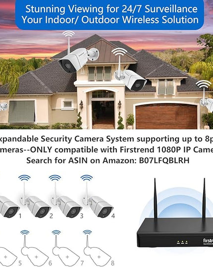 1080P Wireless Security Camera System, Firstrend 8CH Wireless NVR System with 8 pcs 1080P HD Security Camera and 3TB Hard Drive Pre-Installed, CCTV P2P for Indoor Outdoor for Home firstrend