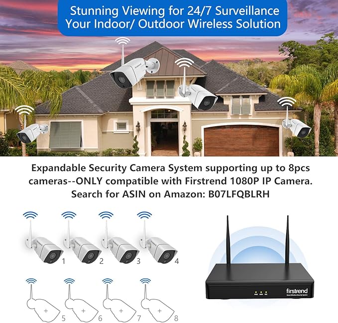1080P Wireless Security Camera System, Firstrend 8CH Wireless NVR System with 8 pcs 1080P HD Security Camera and 3TB Hard Drive Pre-Installed, CCTV P2P for Indoor Outdoor for Home firstrend