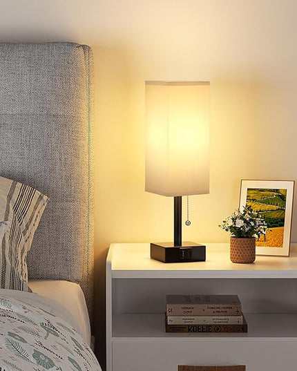 Gray Small Bedroom Lamp - 3 Color Temperature 3000K 5000K 4000K Bedside Lamp, Pull Chain Control, USB A and C Charging Ports, Black Base, for Kids Office Dorm, Bulb Included - LeafyLoom