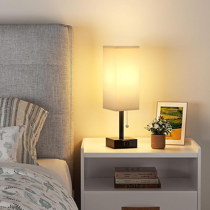 Gray Small Bedroom Lamp - 3 Color Temperature 3000K 5000K 4000K Bedside Lamp, Pull Chain Control, USB A and C Charging Ports, Black Base, for Kids Office Dorm, Bulb Included - LeafyLoom