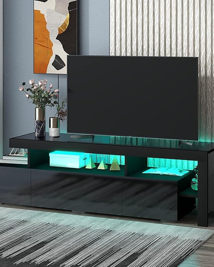 Merax Modern Style 16-Colored LED Lights TV Cabinet, UV High Gloss Surface Entertainment Center with DVD Shelf, Up to 70 inch Television, 73.2 inch Length, Black - LeafyLoom