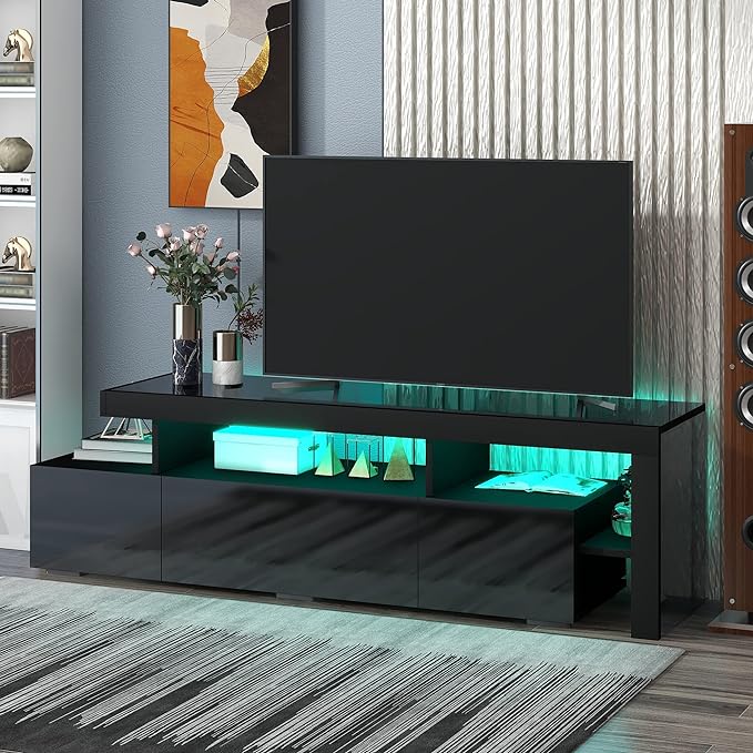 Merax Modern Style 16-Colored LED Lights TV Cabinet, UV High Gloss Surface Entertainment Center with DVD Shelf, Up to 70 inch Television, 73.2 inch Length, Black - LeafyLoom