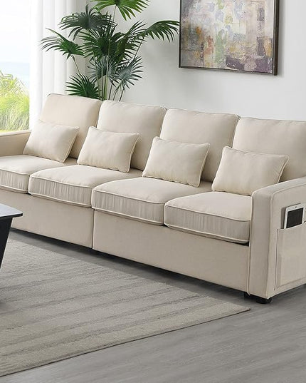 Sectional Living Room,Minimalist I Shape Couch,Compact Linen Fabric Modular Upholstered Sofa with Armrest Pocket and Removable Cushions,4 Pillow, 104" (4 Seater), Beige - LeafyLoom