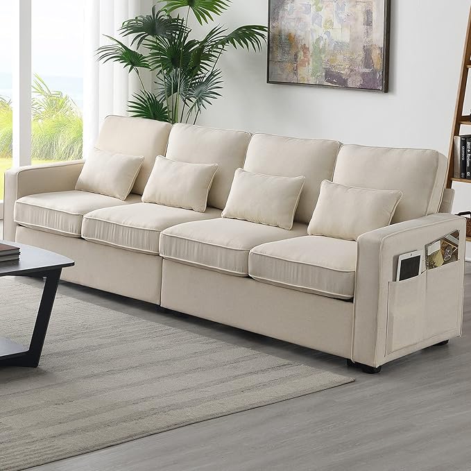 Sectional Living Room,Minimalist I Shape Couch,Compact Linen Fabric Modular Upholstered Sofa with Armrest Pocket and Removable Cushions,4 Pillow, 104" (4 Seater), Beige - LeafyLoom