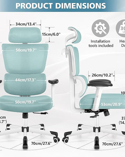 Primy Office Chair Ergonomic Desk Chair, High Back Computer Gaming Chair, Comfy Big and Tall Home Office Chair with Lumbar Support, Breathable Mesh Reclining Chair Adjustable Headrest(Light Blue) - LeafyLoom