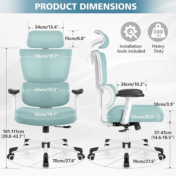 Primy Office Chair Ergonomic Desk Chair, High Back Computer Gaming Chair, Comfy Big and Tall Home Office Chair with Lumbar Support, Breathable Mesh Reclining Chair Adjustable Headrest(Light Blue) - LeafyLoom