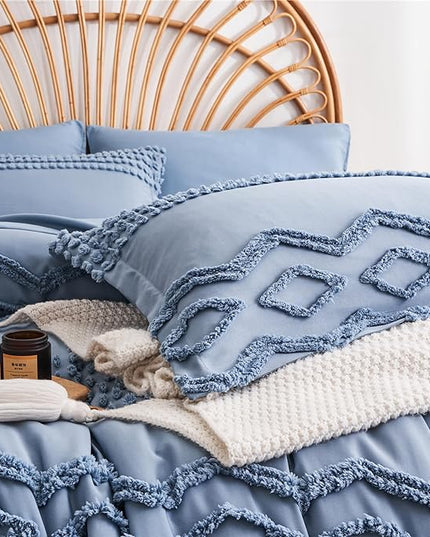 KAKIJUMN Blue Tufted 7-Piece Queen Comforter Set, Shabby Chic Boho Comforter and Sheet Set, All Season Soft Microfiber Complete Bedding Set - LeafyLoom