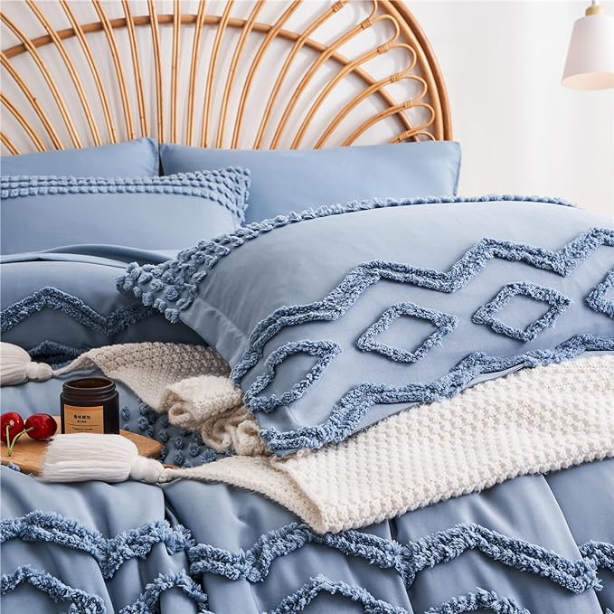 KAKIJUMN Blue Tufted 7-Piece Queen Comforter Set, Shabby Chic Boho Comforter and Sheet Set, All Season Soft Microfiber Complete Bedding Set - LeafyLoom