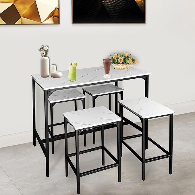 AT-VALY 5-Piece Bar Table Set with 4 Stools,Dining Room Table Set,Small Spaces (Black & White) - LeafyLoom
