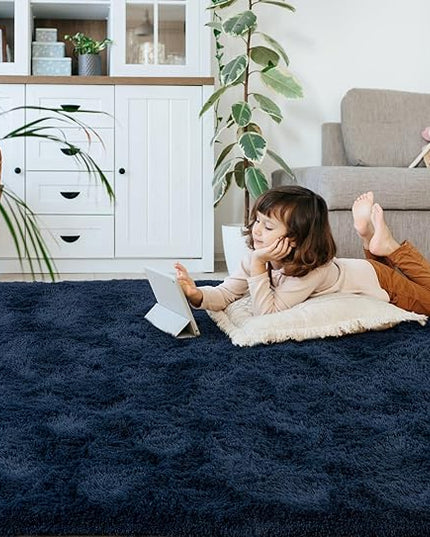 Softlife Rug for Bedroom 5.3x7.6 Feet Area Rug for Living Room Soft Shaggy Rugs for Kids Room Fluffy Fuzzy Carpets Long Plush Bedside Rug Nursery Christmas Home Decoration for Boys Girls, Navy Blue - LeafyLoom