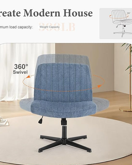 Sweetcrispy Criss Cross Chair Legged, Armless Office Desk Chair No Wheels, Swivel Vanity Chair, Height Adjustable Wide Seat Computer Task Chair, Fabric Vanity Modern Home Chair Blue - LeafyLoom