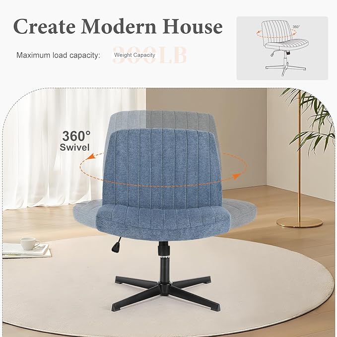Sweetcrispy Criss Cross Chair Legged, Armless Office Desk Chair No Wheels, Swivel Vanity Chair, Height Adjustable Wide Seat Computer Task Chair, Fabric Vanity Modern Home Chair Blue - LeafyLoom