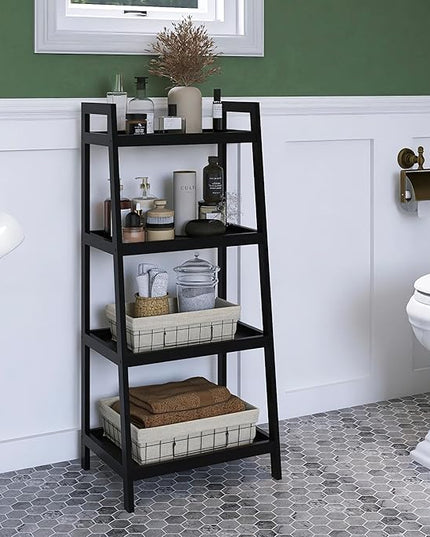 SMIBUY Bamboo Bookshelf, Bathroom Storage Rack Organizer, Plant Flower Display Stand Floor Standing with 4 Tier Open Shelves and Handles (Black) - LeafyLoom