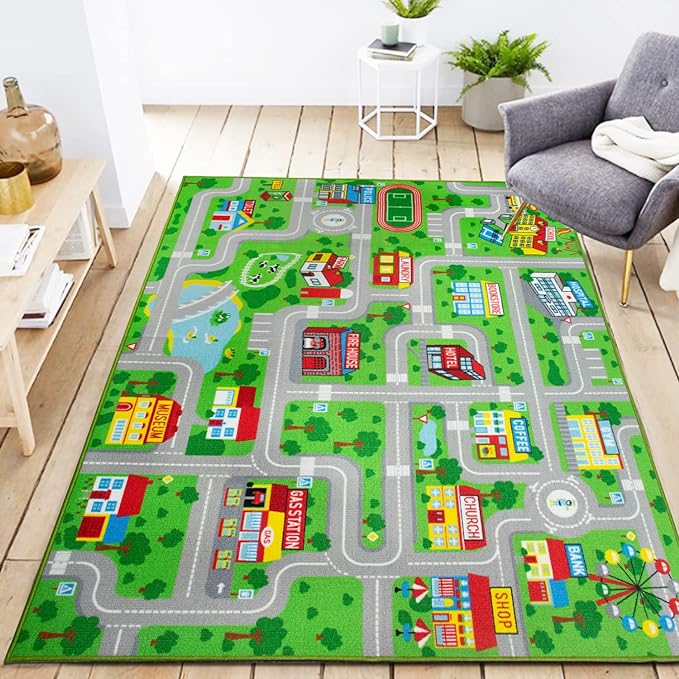 Kids Carpet Playmat Car Play Rug City Life Traffic Road Kids Rug 5' x 6'6" Large Children Educational & Game Area Rug for Toddler Boys Bedroom Playroom Classroom - LeafyLoom