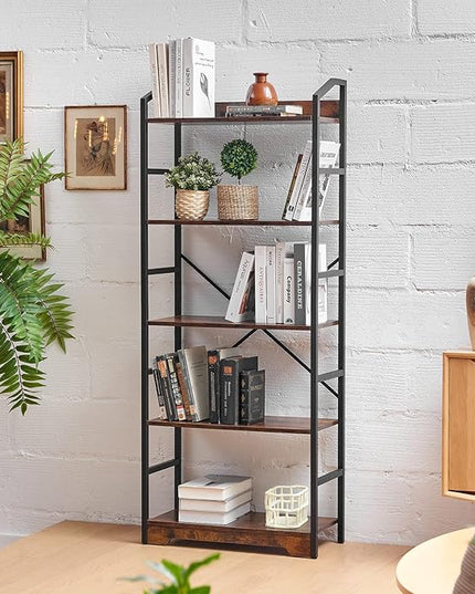 Vagusicc 5 Tier Bookshelf with 2 Storage Baskets, Tall Bookcase Shelf Storage Organizer Wood Book Shelf, Modern Shelf Rack Shelves with Steel Frame, Multipurpose Bookshelf for Bedroom Living Room - LeafyLoom