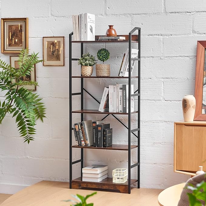 Vagusicc 5 Tier Bookshelf with 2 Storage Baskets, Tall Bookcase Shelf Storage Organizer Wood Book Shelf, Modern Shelf Rack Shelves with Steel Frame, Multipurpose Bookshelf for Bedroom Living Room - LeafyLoom