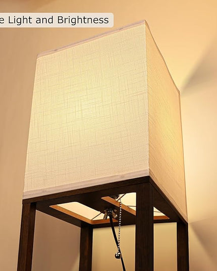 Floor Lamp with Shelves for Living Room Walnut Brown, Shelf Floor Lamp with 3 CCT LED Bulb, Corner Display Standing Column Lamp Etagere Organizer Tower Nightstand with White Linen Shade for Bedroom - LeafyLoom