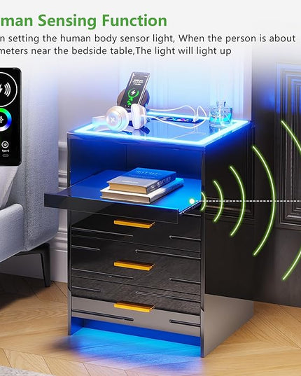 HNEBC High Gloss Nightstand with Wireless Charging Station, Smart Night Stand with RGB Dynamic Lighting, Modern Bed Side Table with Drawers Sliding Tray, Glass Tabletop,Motion Sensor Lights (C Black) - LeafyLoom