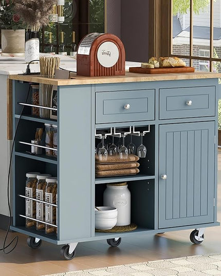 Kitchen Island with Power Outlet,Drop Leaf and Rubber Wood,Open Storage & Wine Rack,Storage Cart with 5 casters,w/Adjustable Storage for Home, Kitchen, and Dining Room, Grey Blue - LeafyLoom